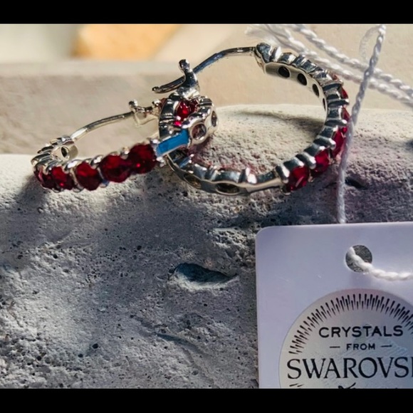 SWAROVSKI  Siam Crystal Hoops in SS - Picture 8 of 9